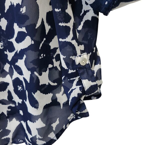 Madison Paige Women's XL Sheer Roll Tab Sleeve Top Navy White Office Travel - Picture 8 of 13